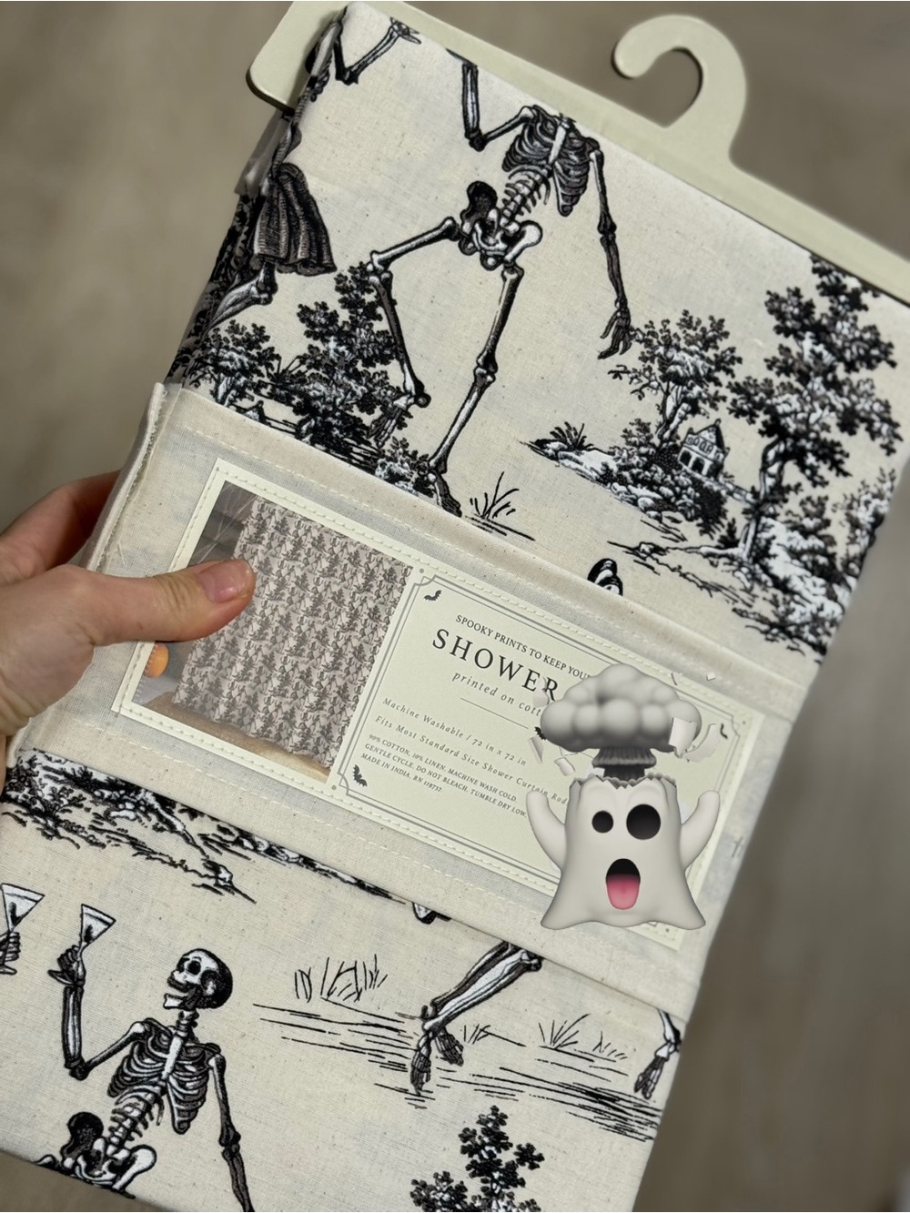 Skeleton Toile Halloween Shower Curtain - Black on Cream